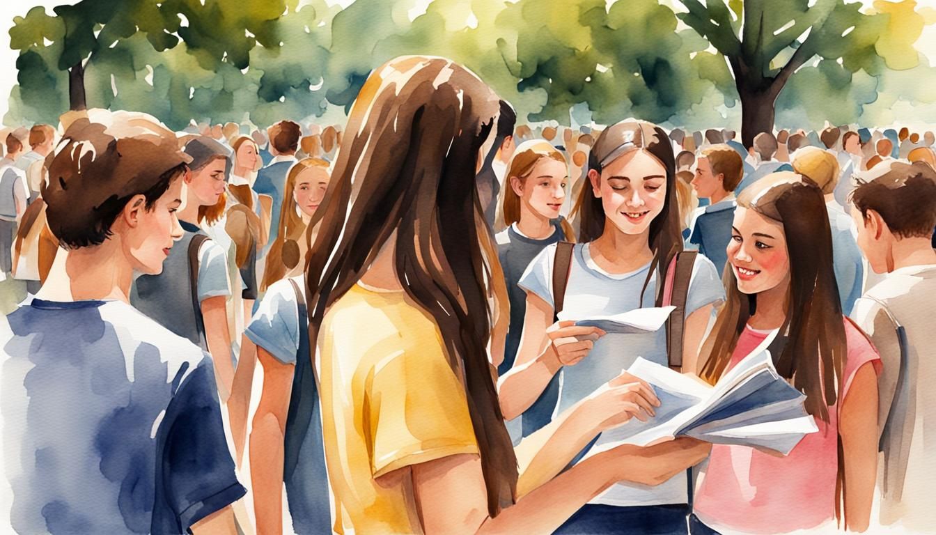 Brunette teenage girl, handing out pamphlets at a park to other teenagers in a crowd :: watercolor art ::  fine details
