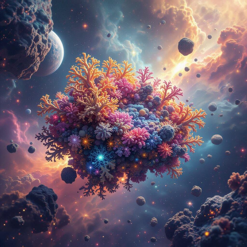 Bioluminescent Alien Reef in Space as 3D Render