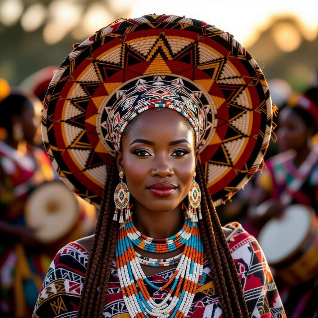 Zulu Woman in Traditional Isicholo Headpiece