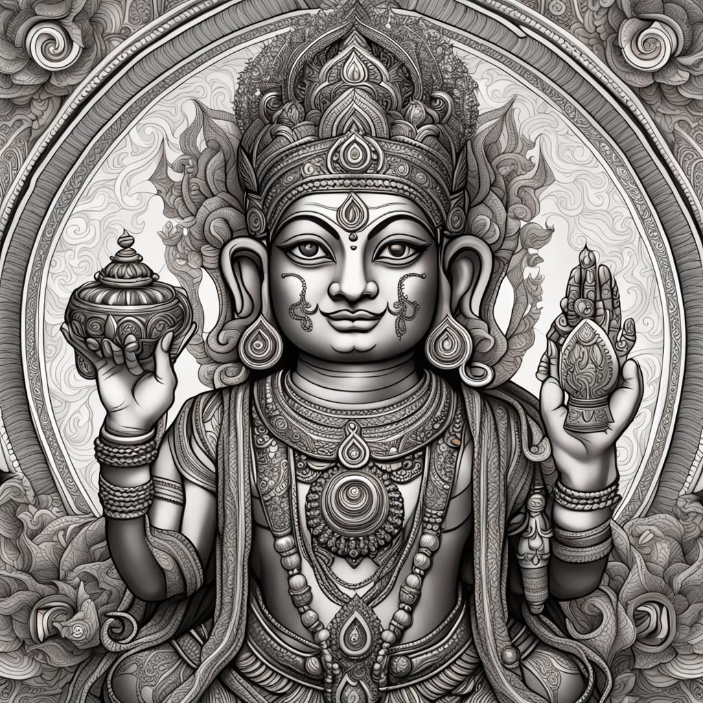 Detailed Hindu Deity Portrait with Sacred Objects
