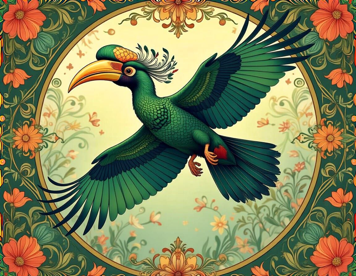 Hornbill in Flight: Art Nouveau Octane Rendering