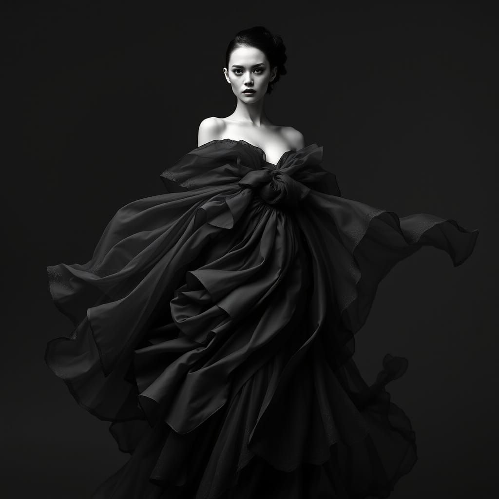 A statuesque, androgynous figure, draped in a show-stopping, avant-garde gown with intricately layered, translucent fabr...