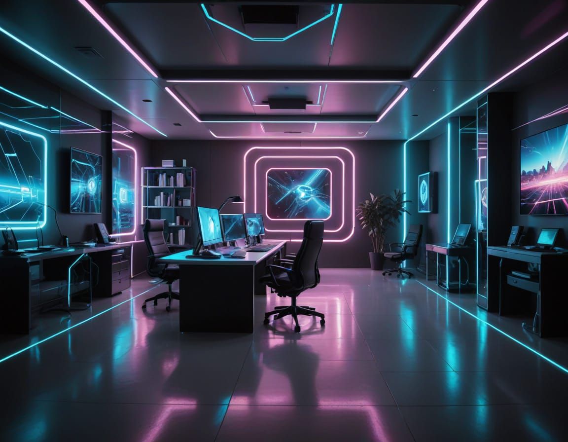 Cyberpunk Office in Neon-Lit Futurism