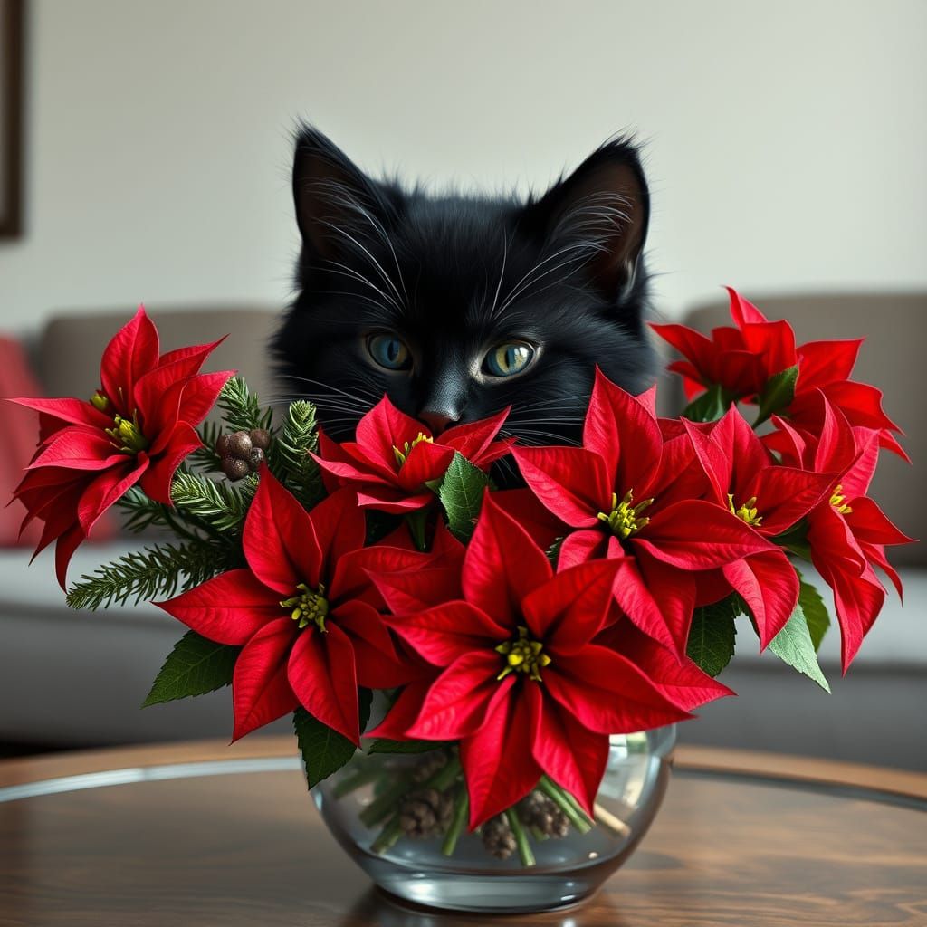 a hyper realistic, black kitten sniffing flowers in a vase on coffee table. The flowers are brightly colored Julia fract...