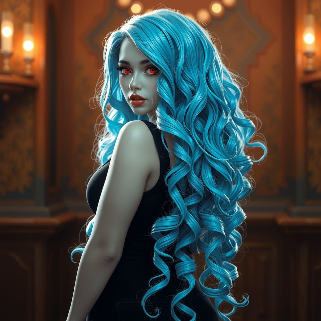 Gothic Beauty with Ice-Blue Curls in 3D Style