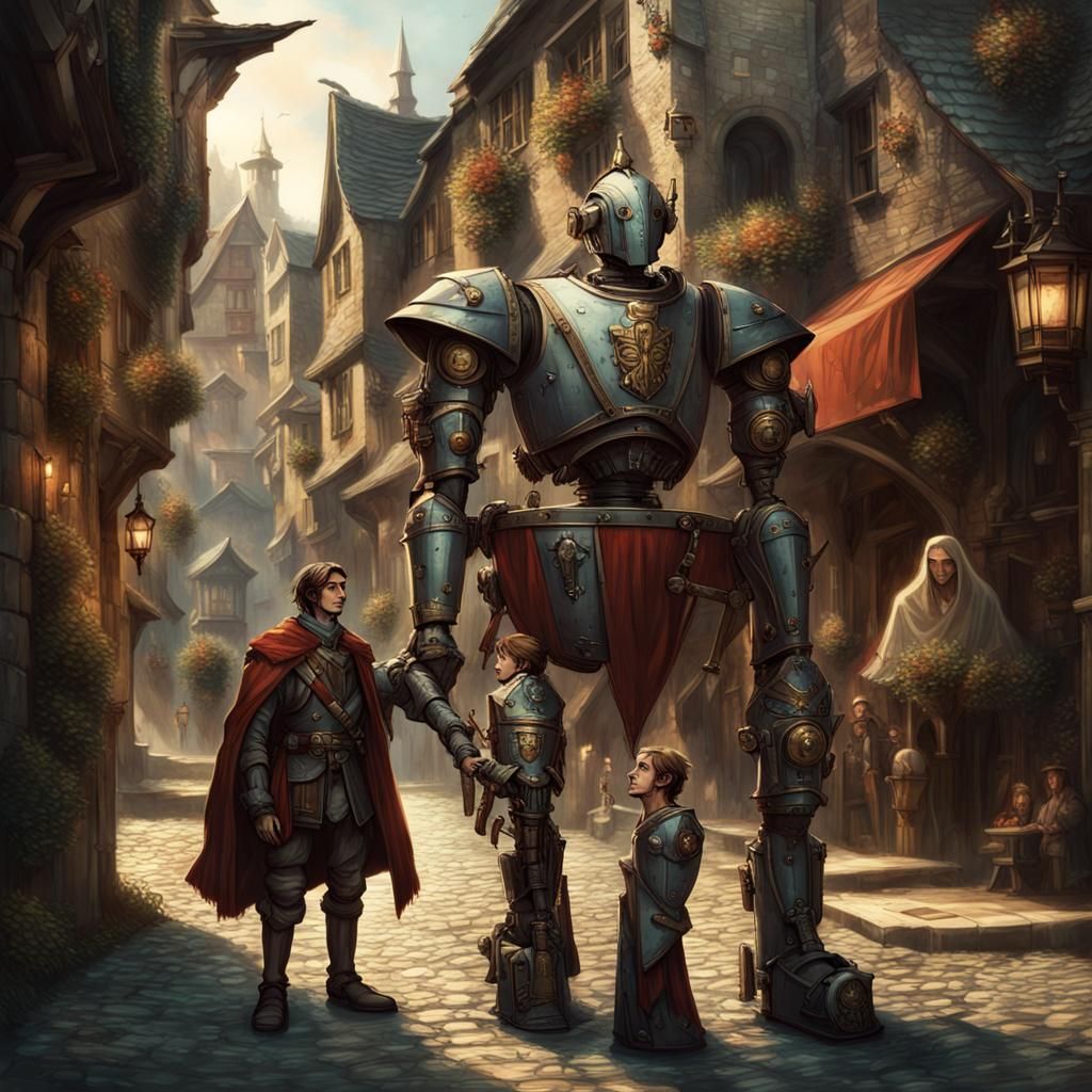 Clockwork Robot Transported Through Medieval City