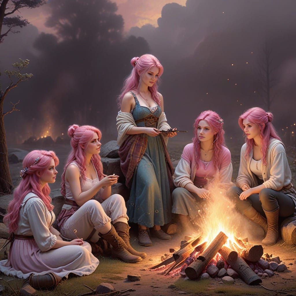 Pink-Haired Women Around Campfire in Wasteland