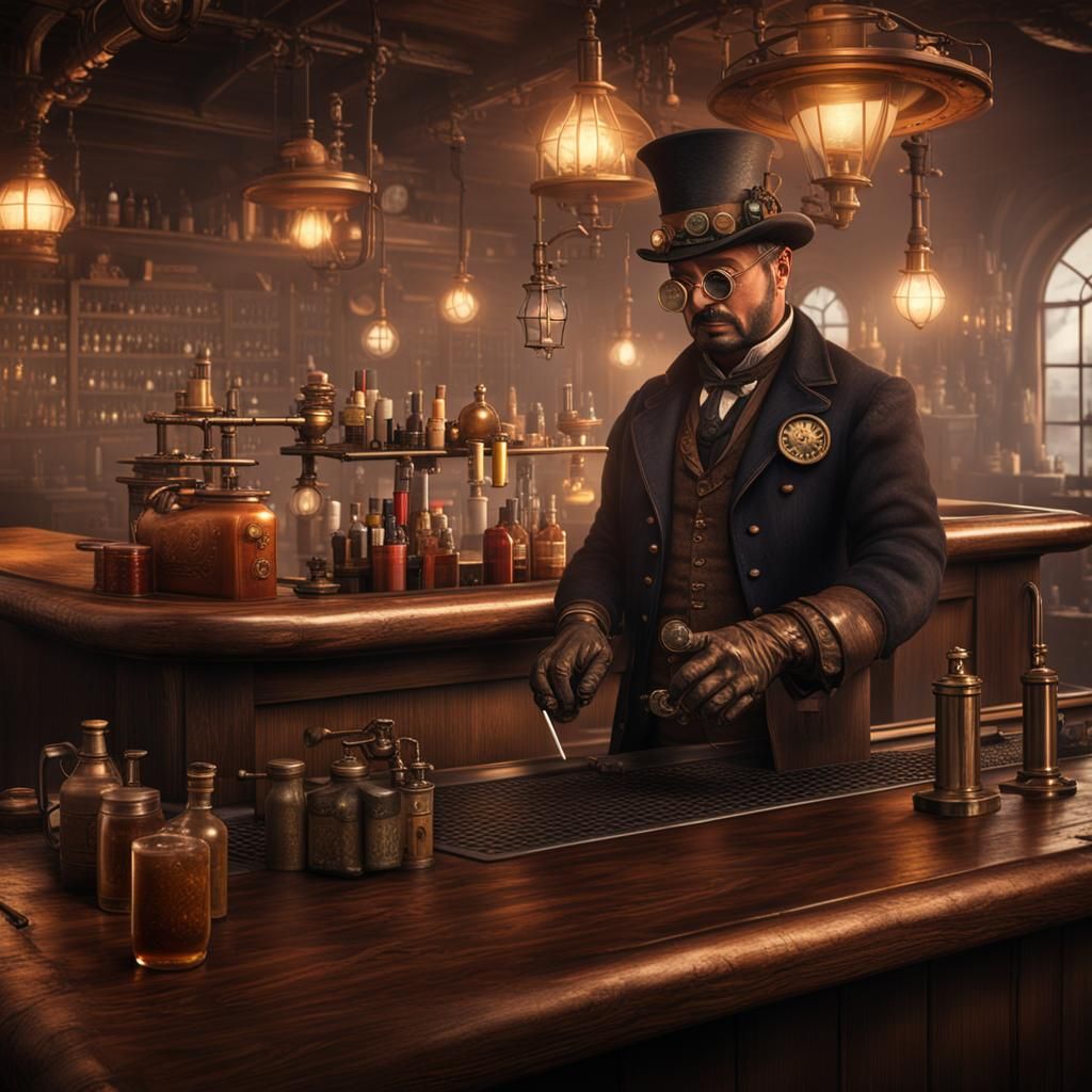 Steampunk Bartender in Dimly Lit Bar