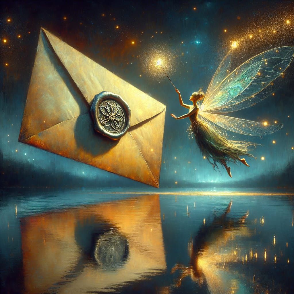 Magical Fairy Opens Enchanted Letter Over Lake