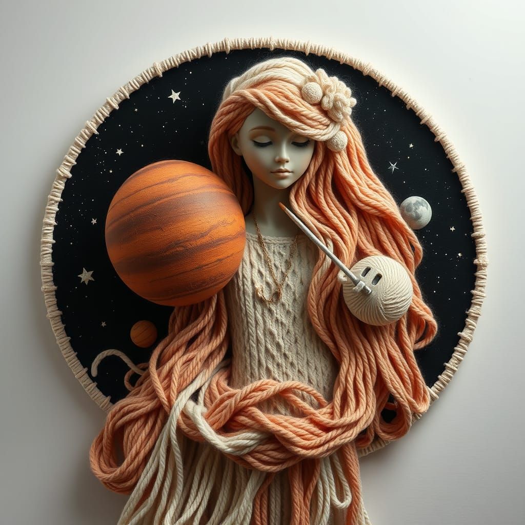 Ethereal Goddess Knitting Planets in Hyperrealism