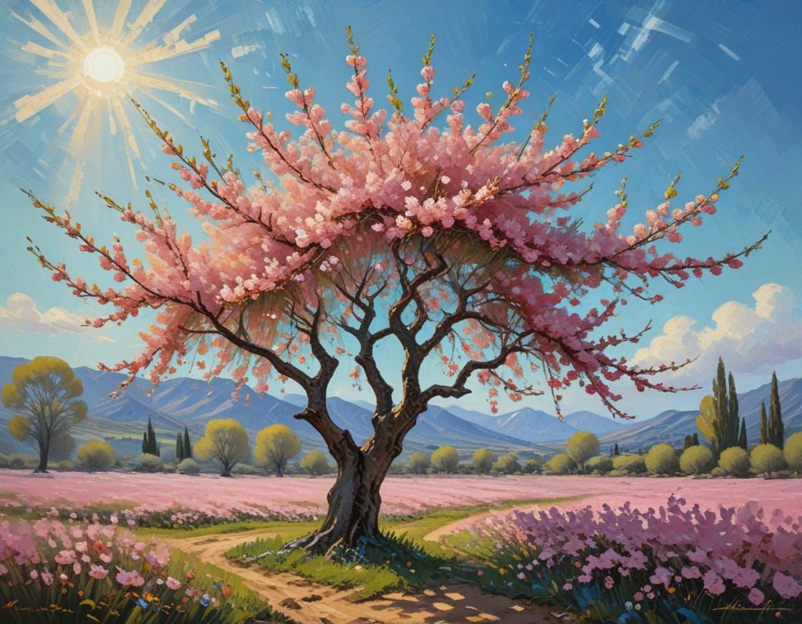 Vibrant Peach Blossom Tree in Neo-Impressionist Style