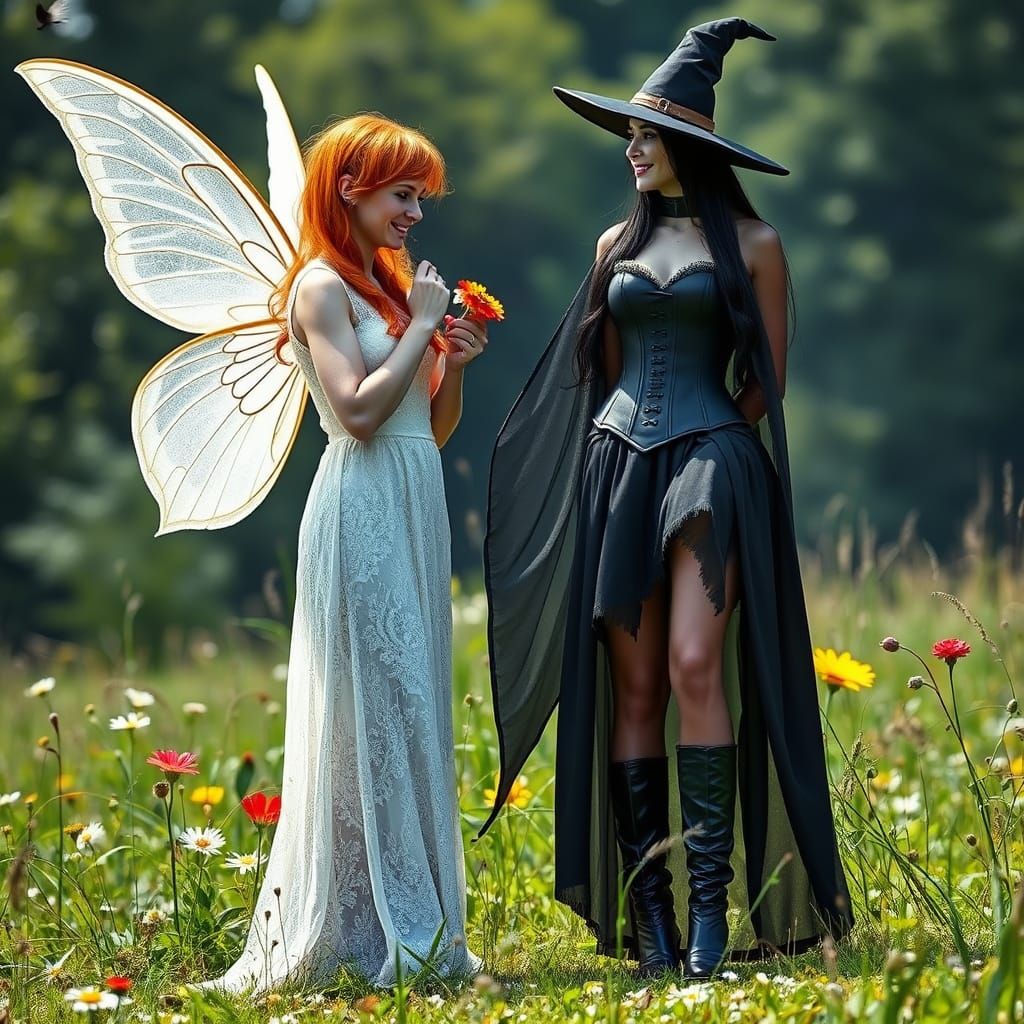 Pixie and Witch Chatting in Summer Meadow