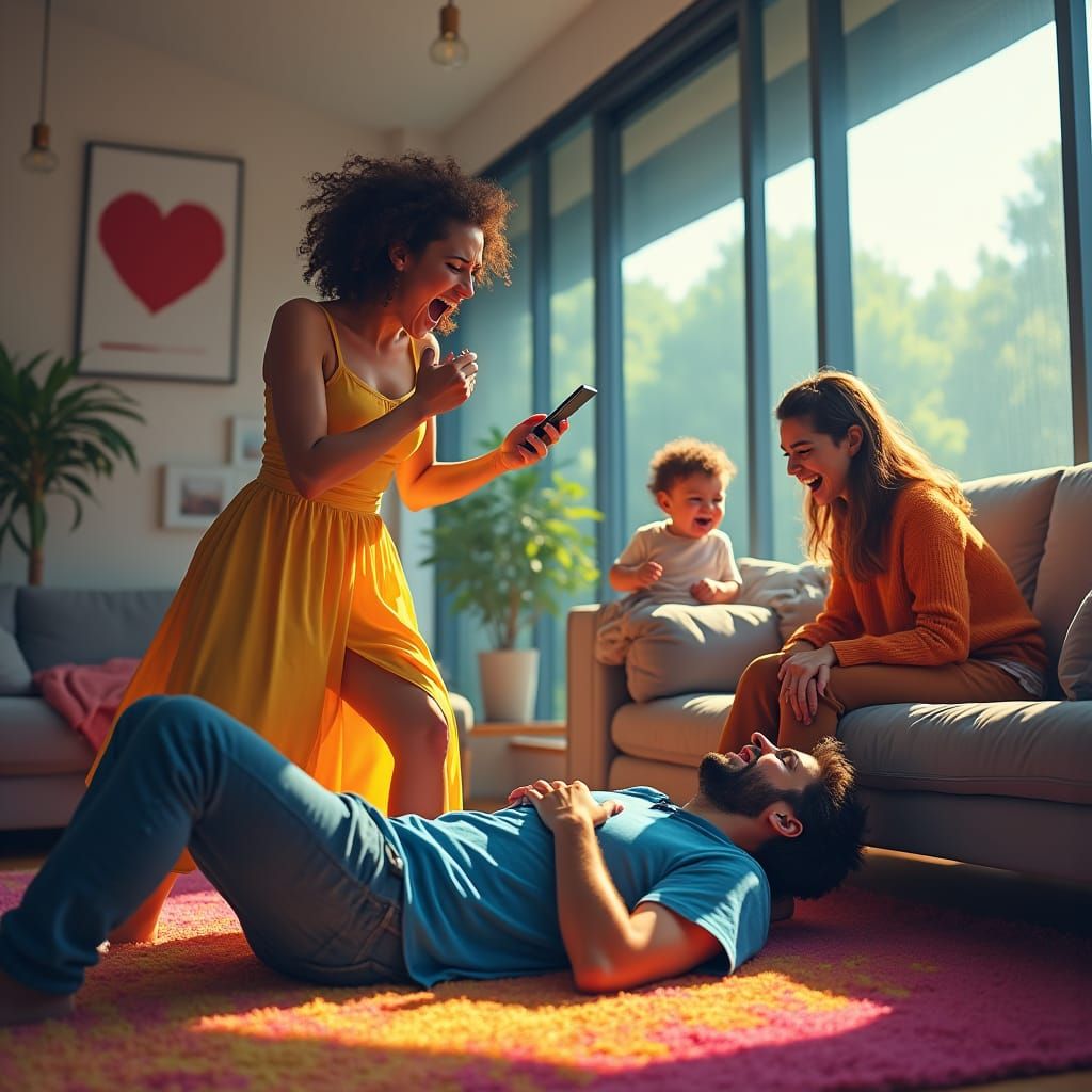 Frantic Scene in a Modern Living Room