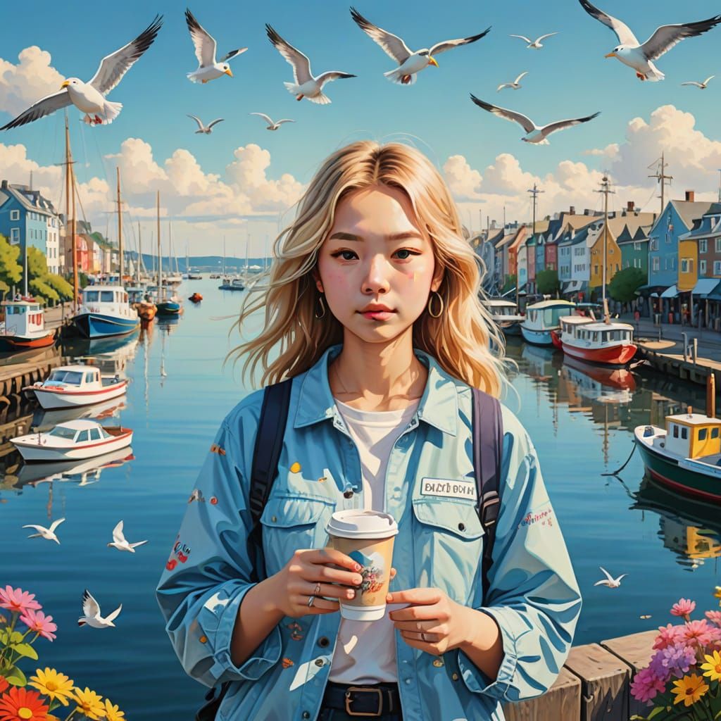 Blonde Girl Strolls Along Waterfront in Vibrant Digital Art