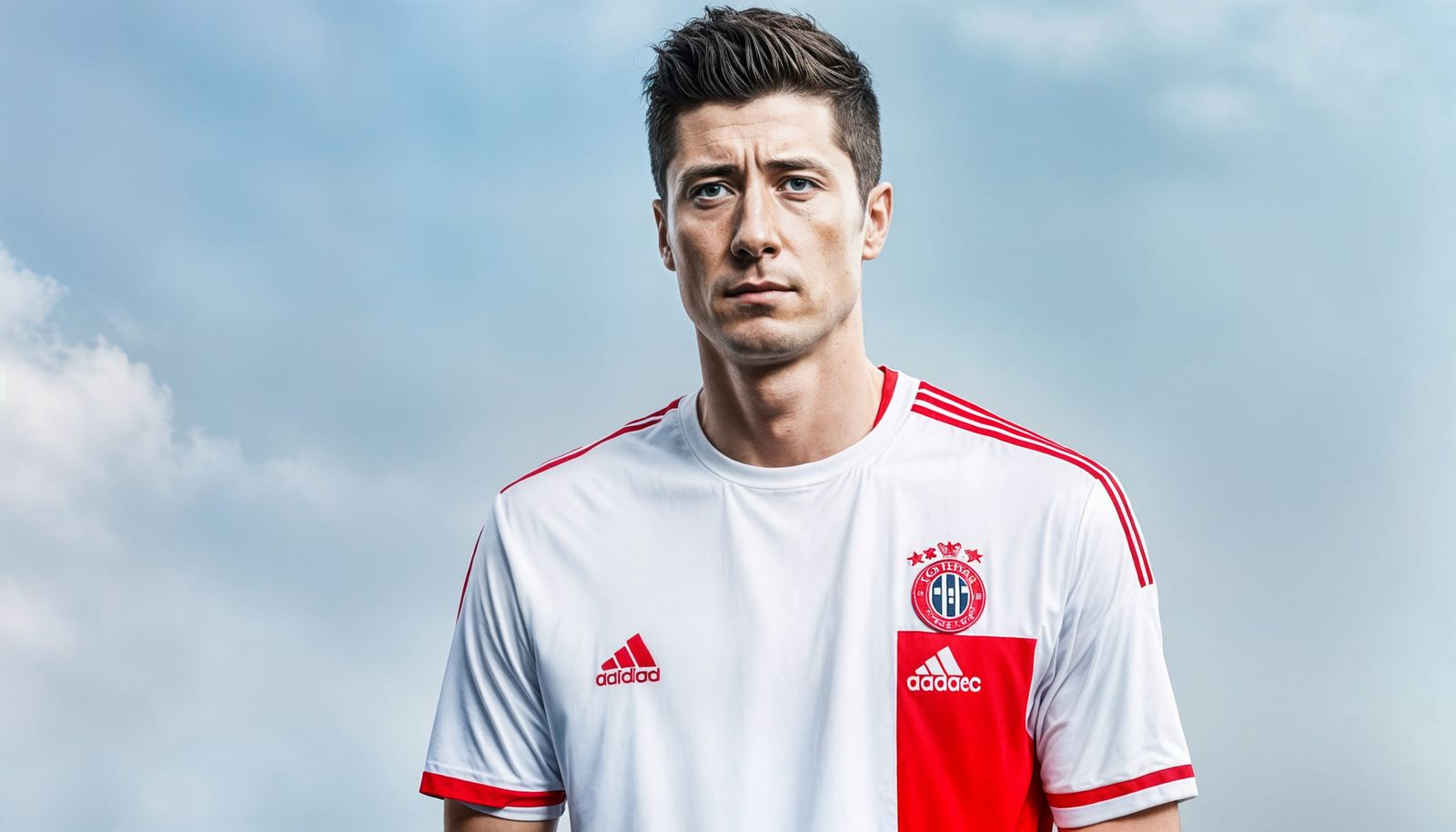 Sad Robert Lewandowski in White and Red Shirt