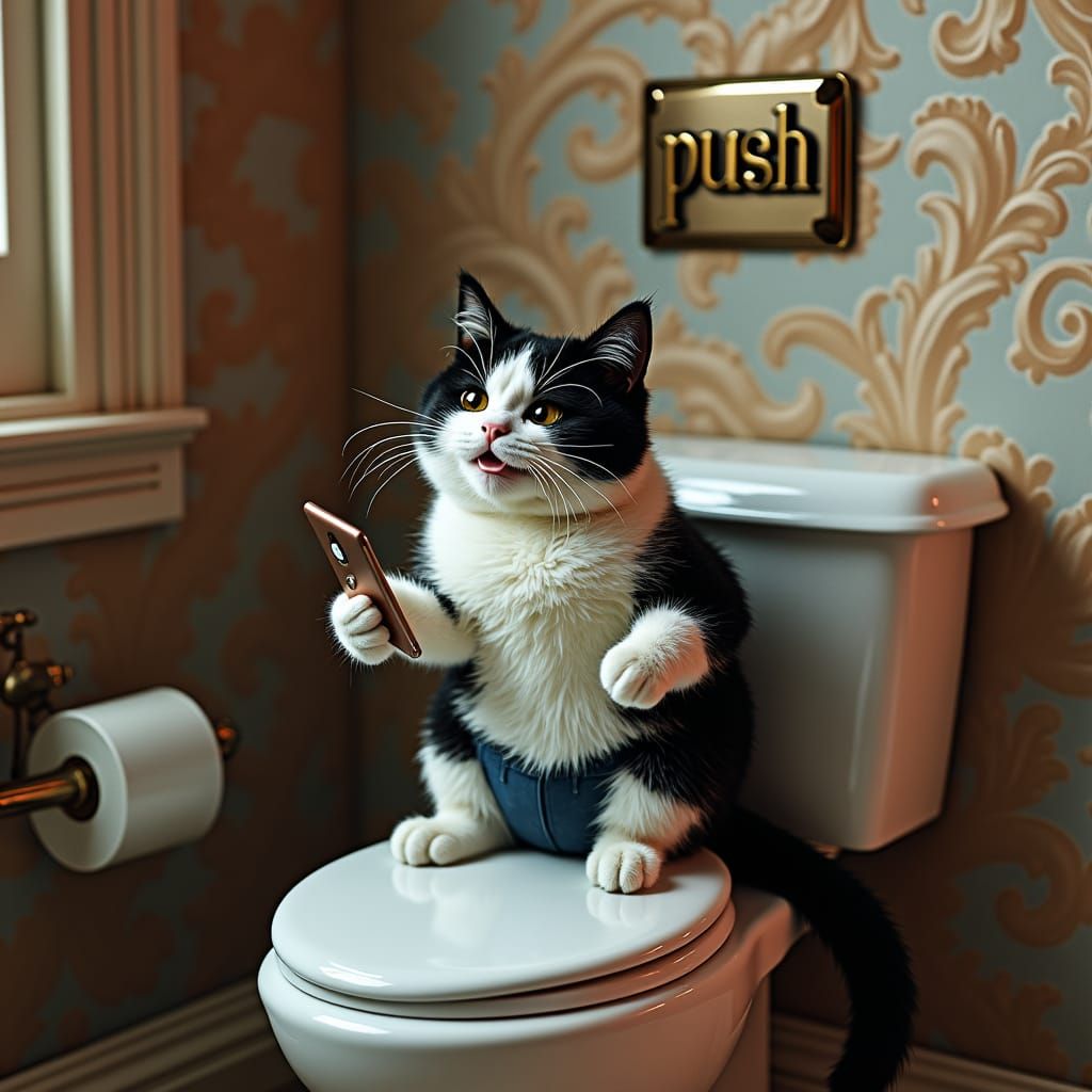 Cat on Toilet with Smartphone: Surreal Artstation Fantasy
