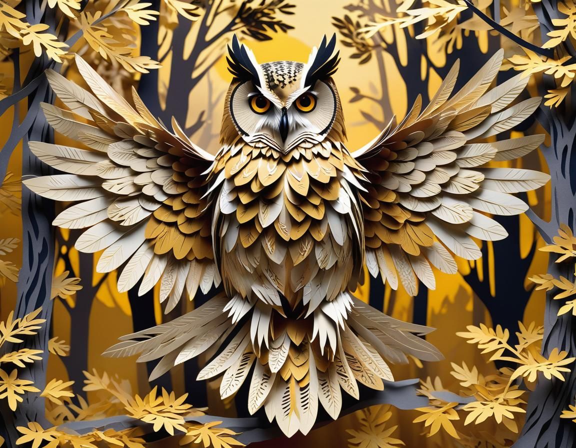 Kirigami European Eagle Owl in Forest