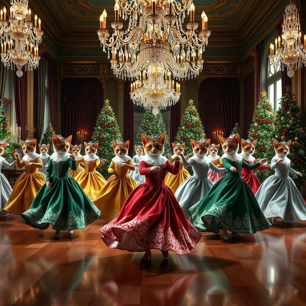 Royal Feline Beauties Dance in Opulent Christmas Ballroom