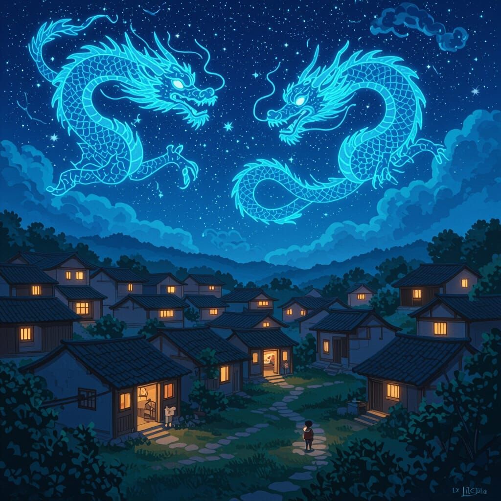 Bioluminescent Dragons Over Chinese Village, Miyazaki Style