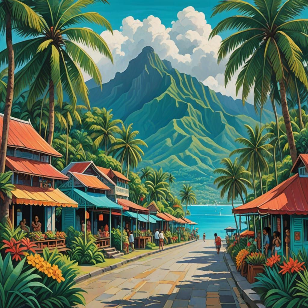 Tahitian Street Scene in Gouache Style