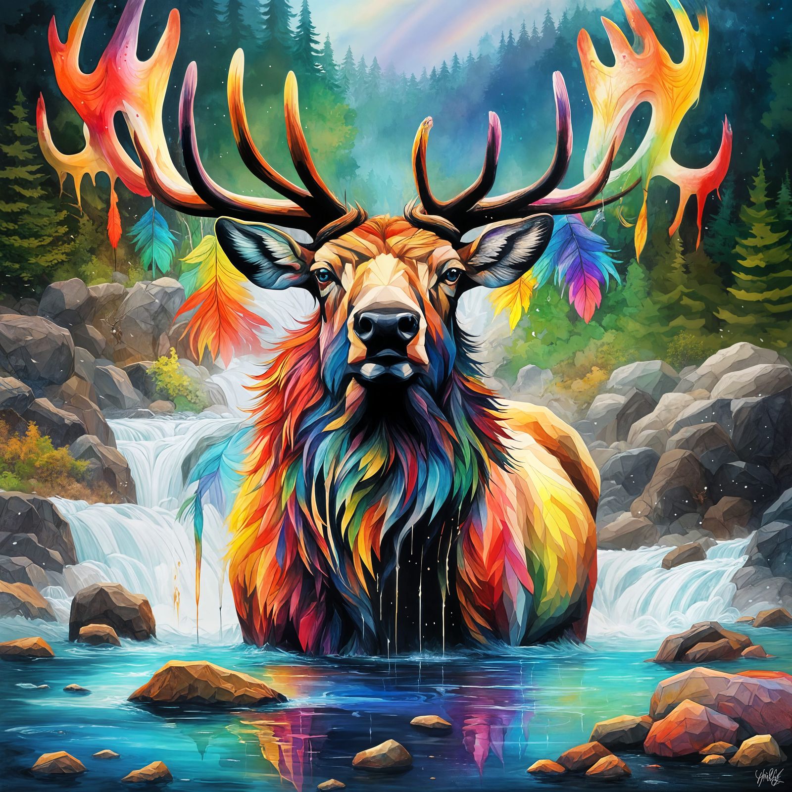 Majestic Rainbow Feathered Elk in Forest River, Graffiti Art