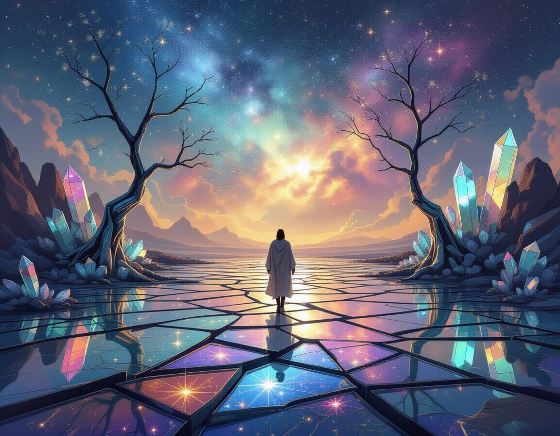 Surreal Stained Glass Landscape with Nebula and Crystalline ...