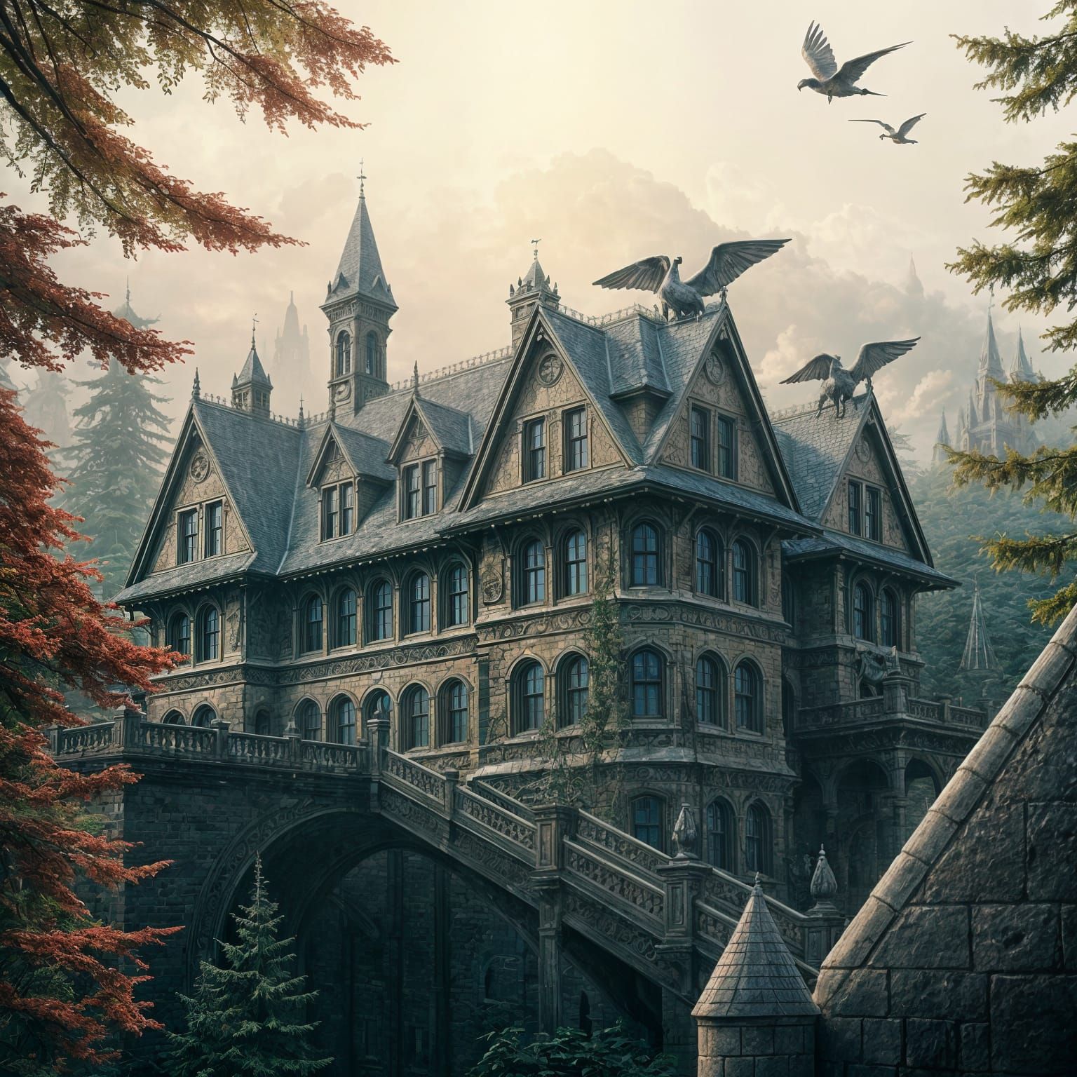 Stone Elementary School with Majestic Gargoyles in a Whimsic...