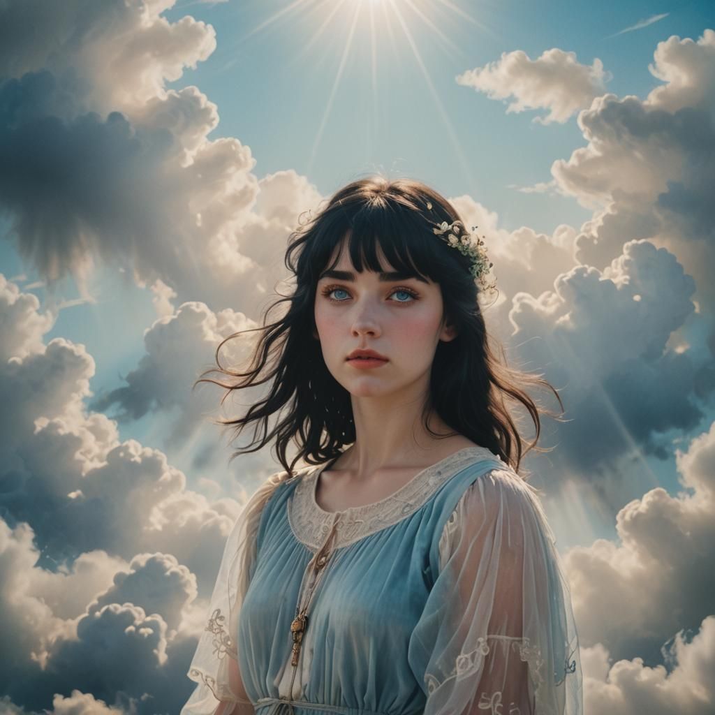 Demure Angel in Clouds: Cinematic Film Still