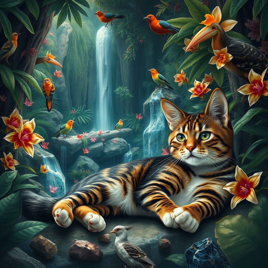 Tabby Cat Lounging in a Tropical Rainforest Grove