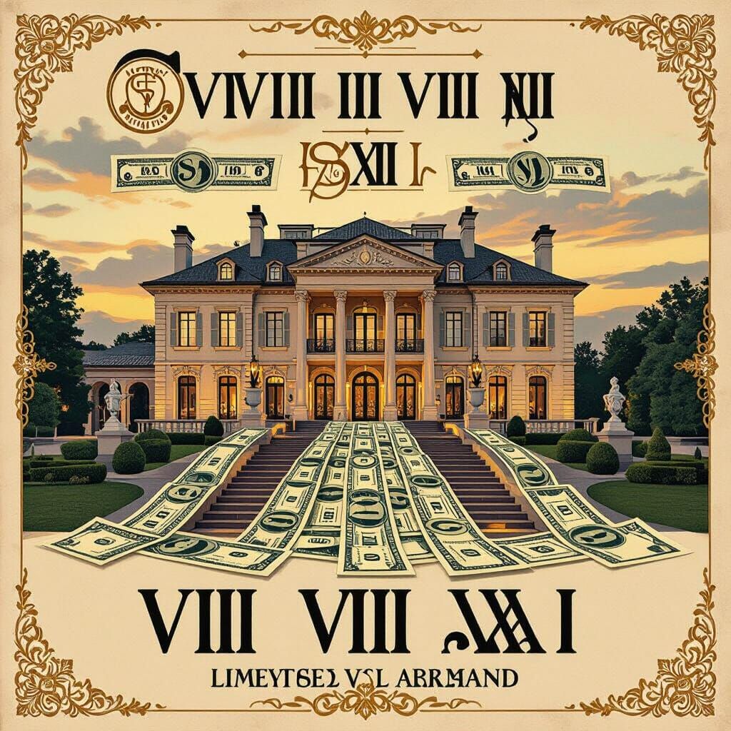 Opulent Mansion with Cash River at Dusk