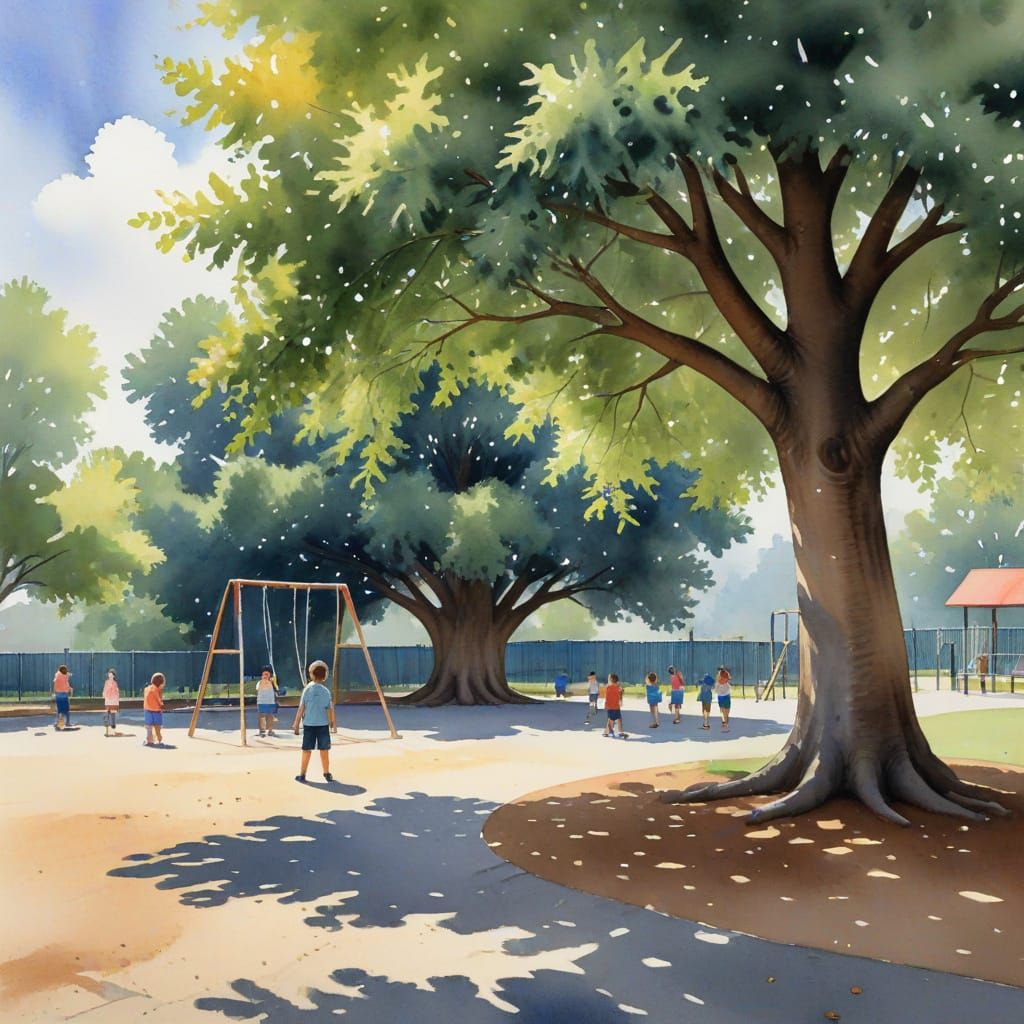 A lone kid standing under a tree on a playground at recess, watching as all of the other kids play happily together. wat...