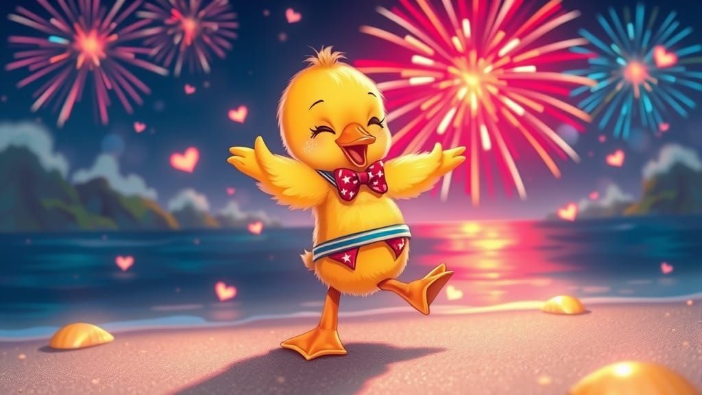 Duckling's Kawaii Beach Dance Under Fireworks