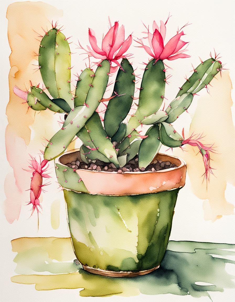 Whimsical Christmas Cactus in Ink and Wash