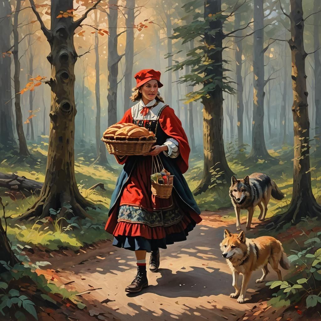Little Red Riding Hood Meets Wolf: Impressionist Oil Paintin...