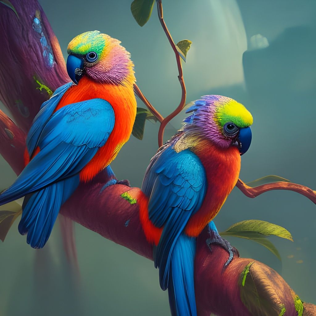 Colorful Parrots Cuddling, Detailed Matte Painting