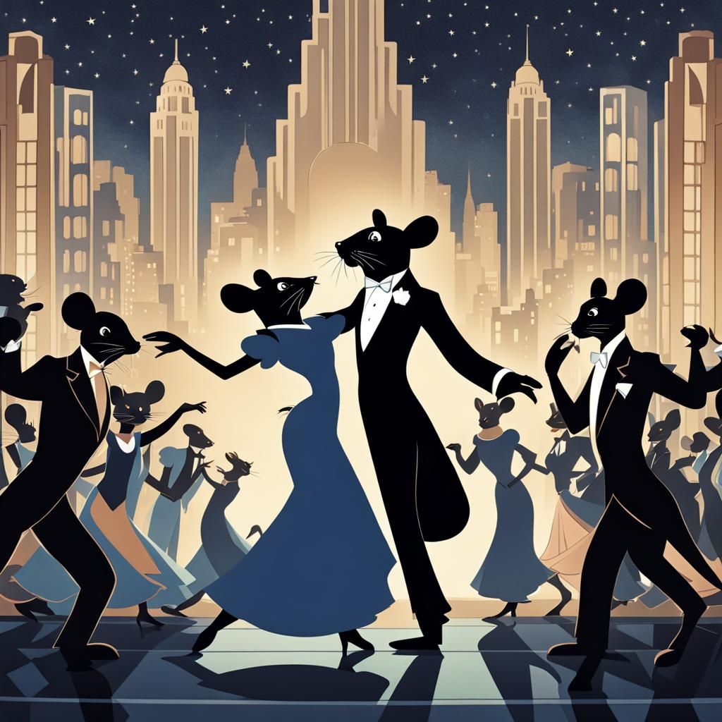 Art Deco Ballroom Dance Scene Under Starry Night Sky