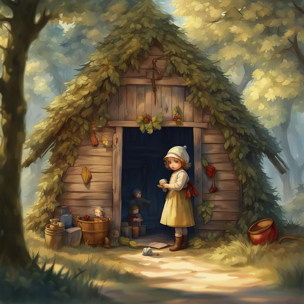 Girl in Hut: Slavicek-Inspired 3D Watercolor