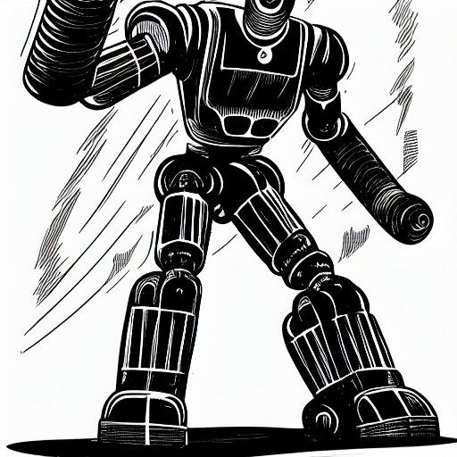 Humanoid Robot with Flamethrower in Comic Style