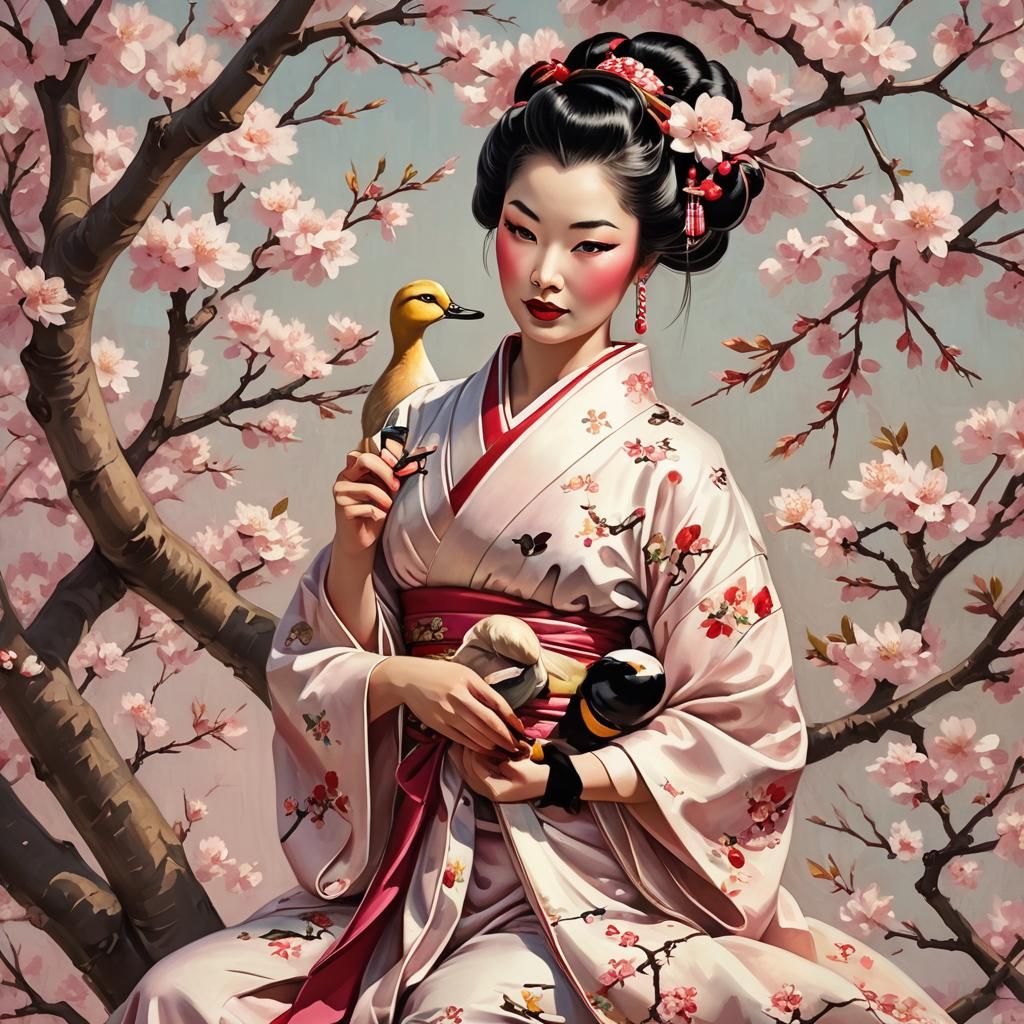 Geisha with Duck in Cherry Blossoms as Pin-Up Art