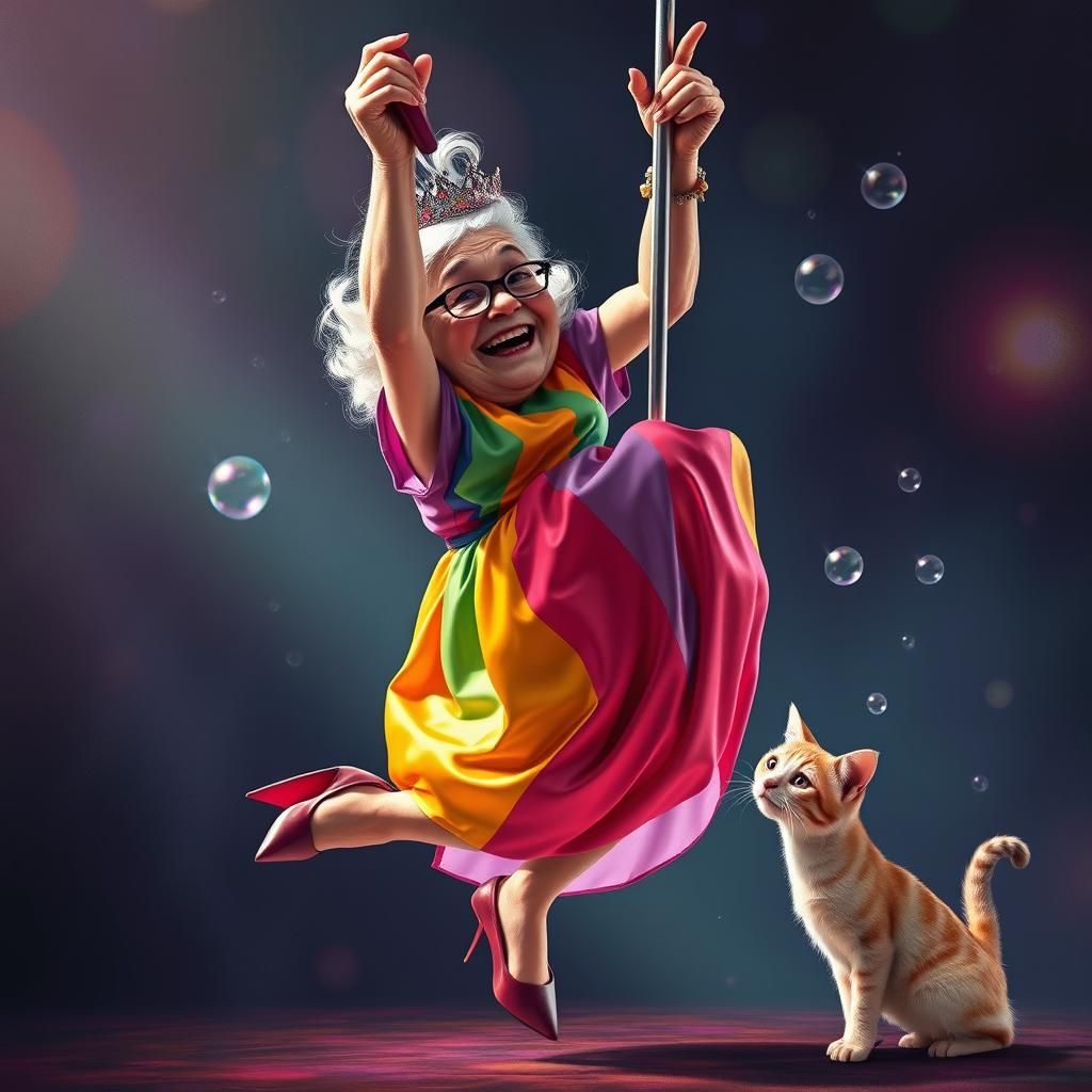 Granny's Whimsical Pole Dance in Cartoon Style