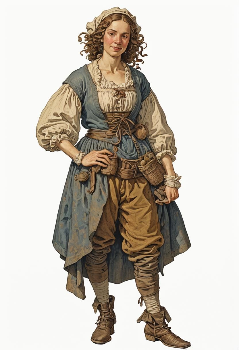 17th Century French Farm Girl in Wildflower Field