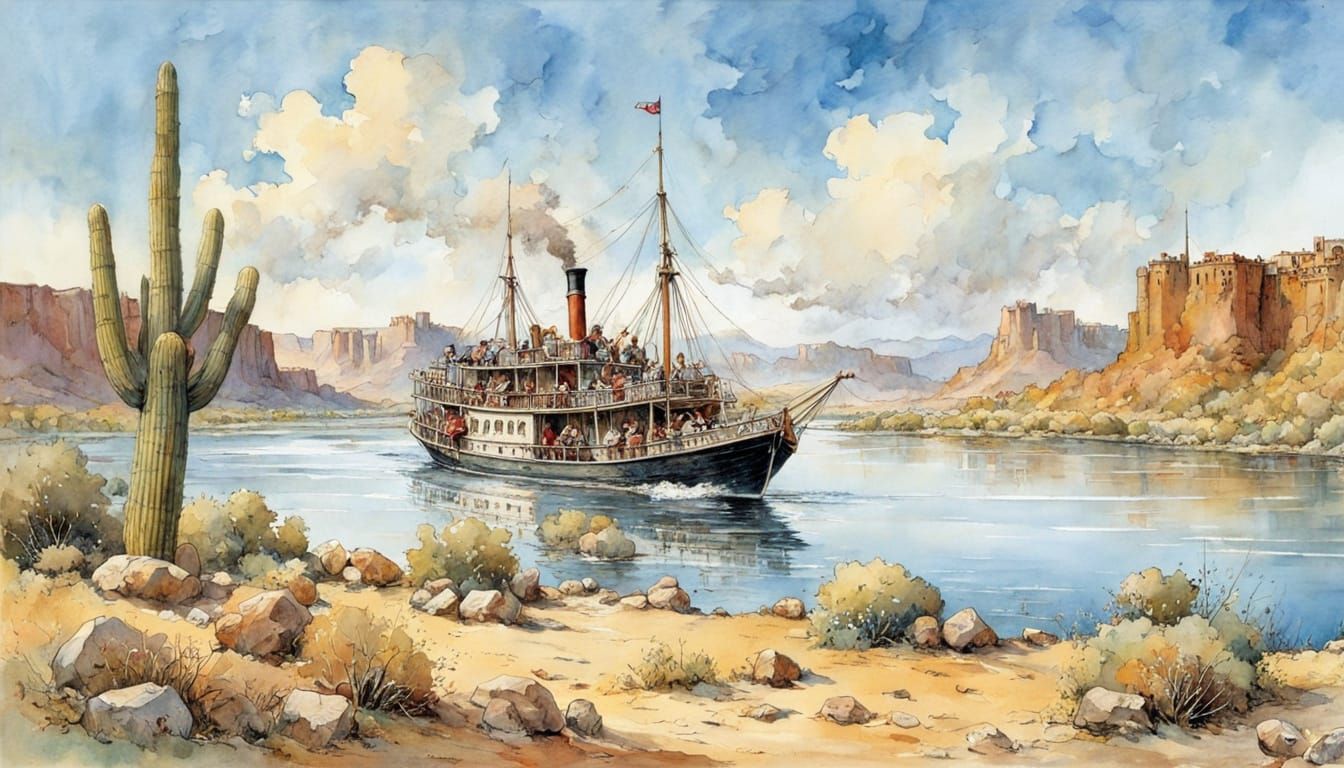 Old Steamboat on the Rio Grande in Watercolor
