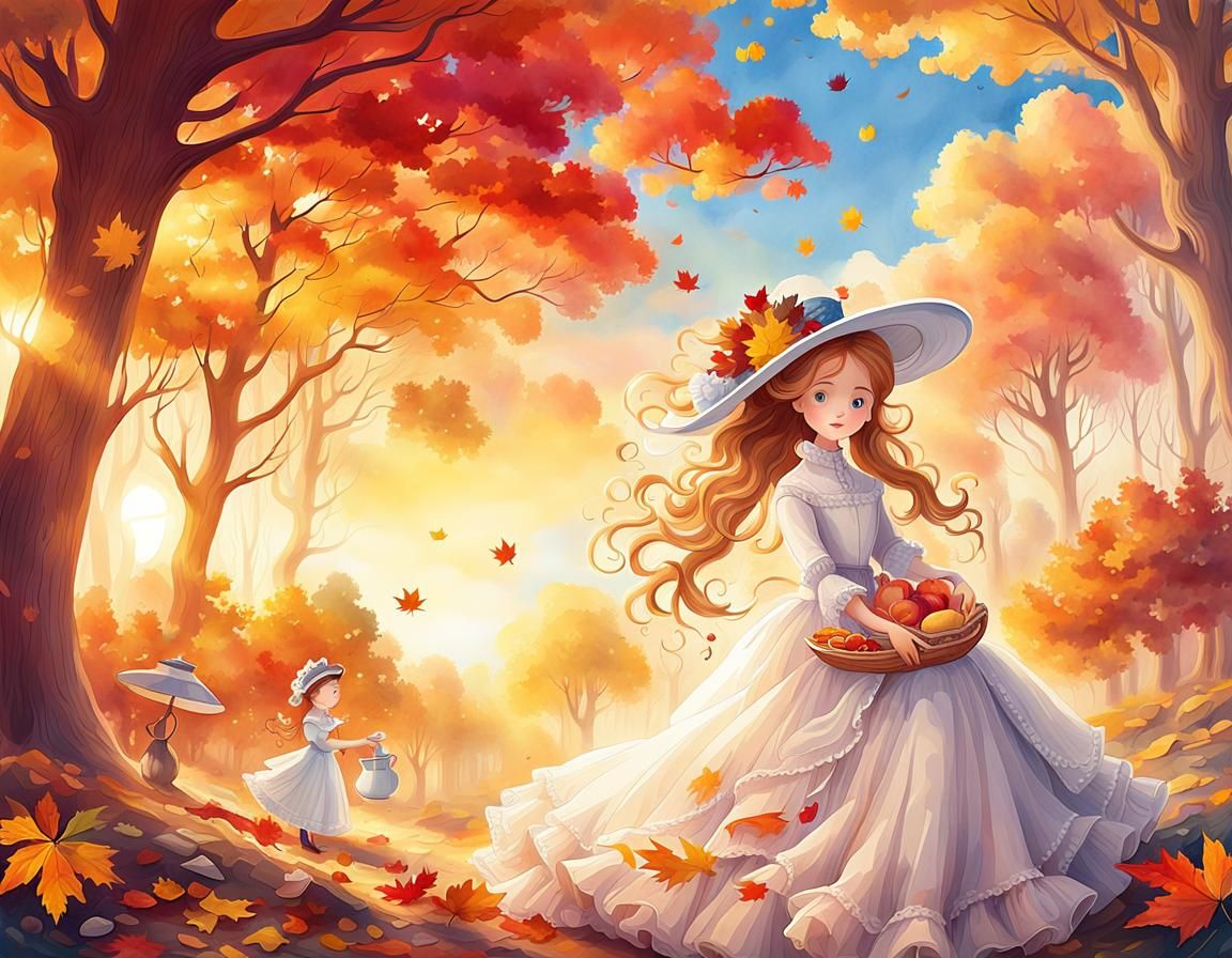 Victorian Lady's Autumn Breakfast: Watercolor Illustration