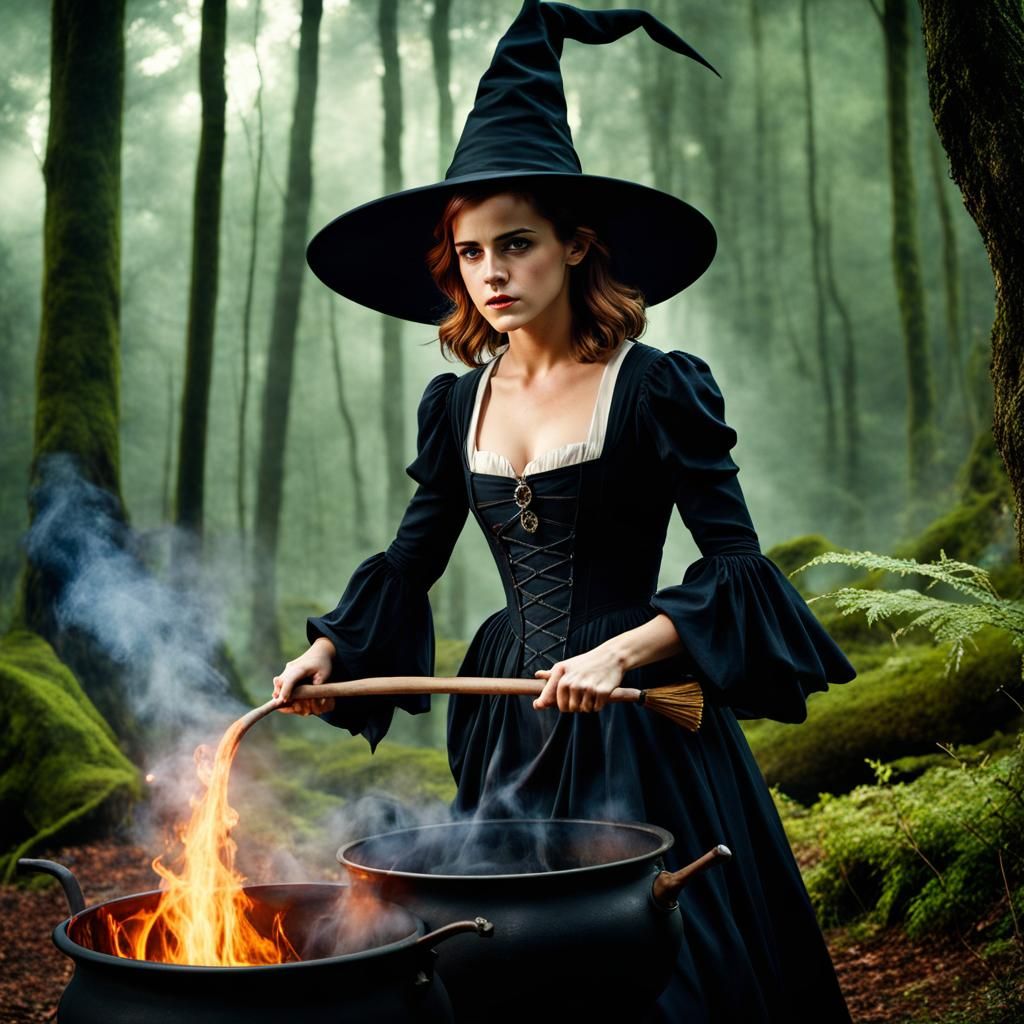 Hyperrealistic Witch Stirring Cauldron in Forest