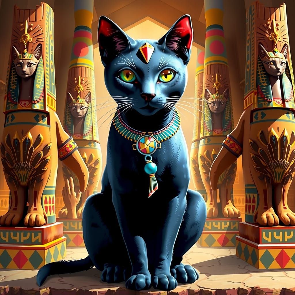 A plushie of Bastet, the cat goddess of Egypt, in an Egyptia...