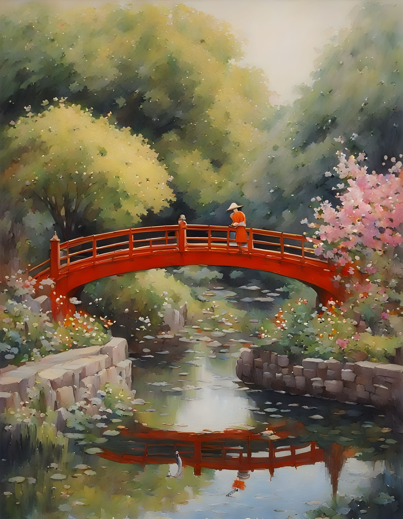 japanese garden and woman in red dress
