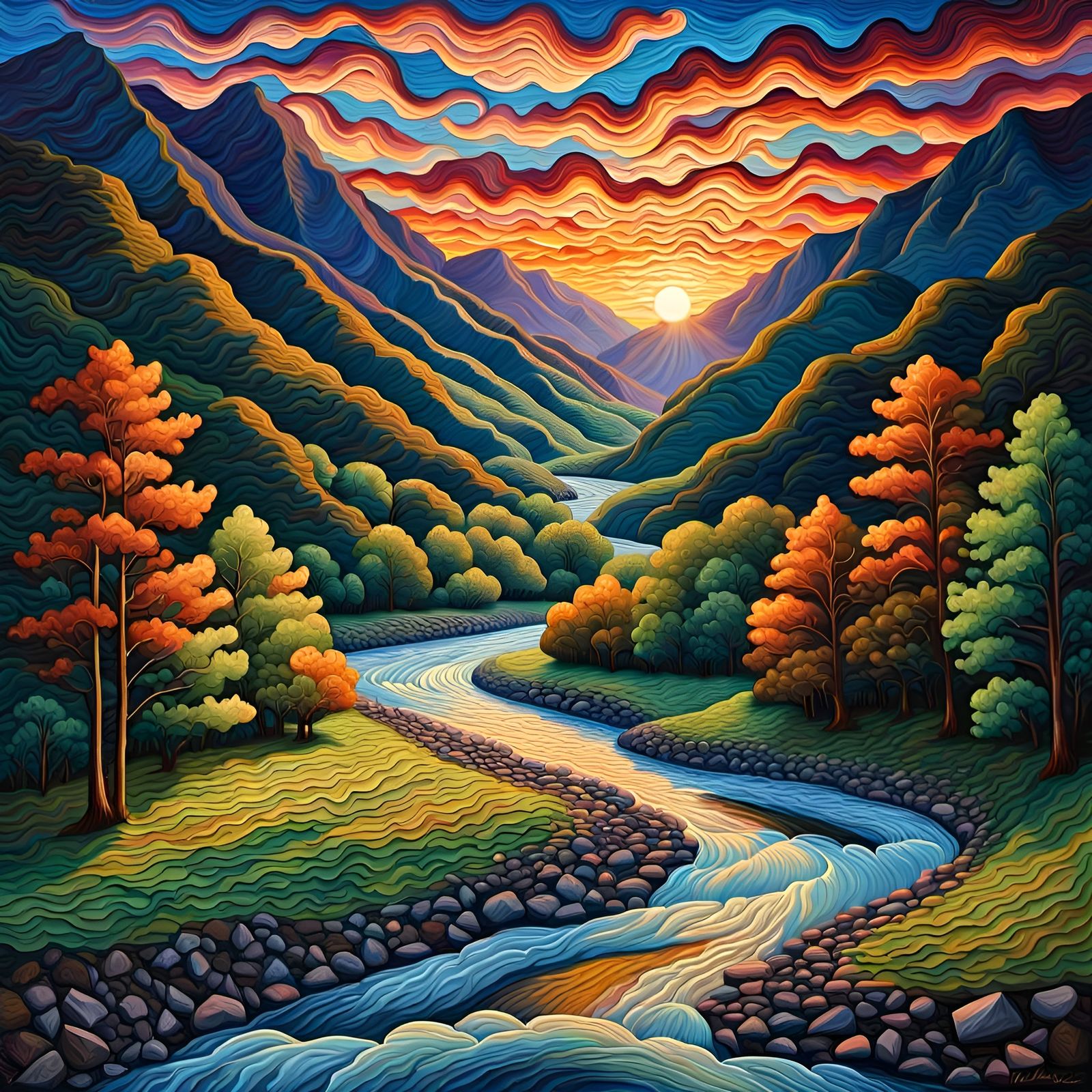 Appalachian River Sunset: Neo-Impressionist Oil Painting