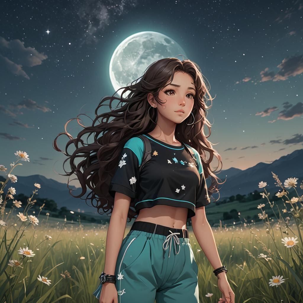 Hispanic Girl Gazing at Moon, 3D Anime Art