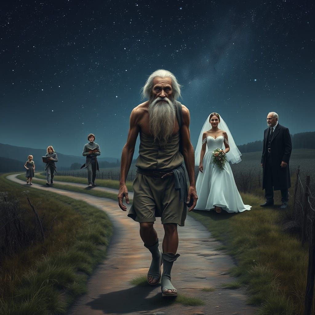 Frail Aged Man Walks Under Starry Night Sky