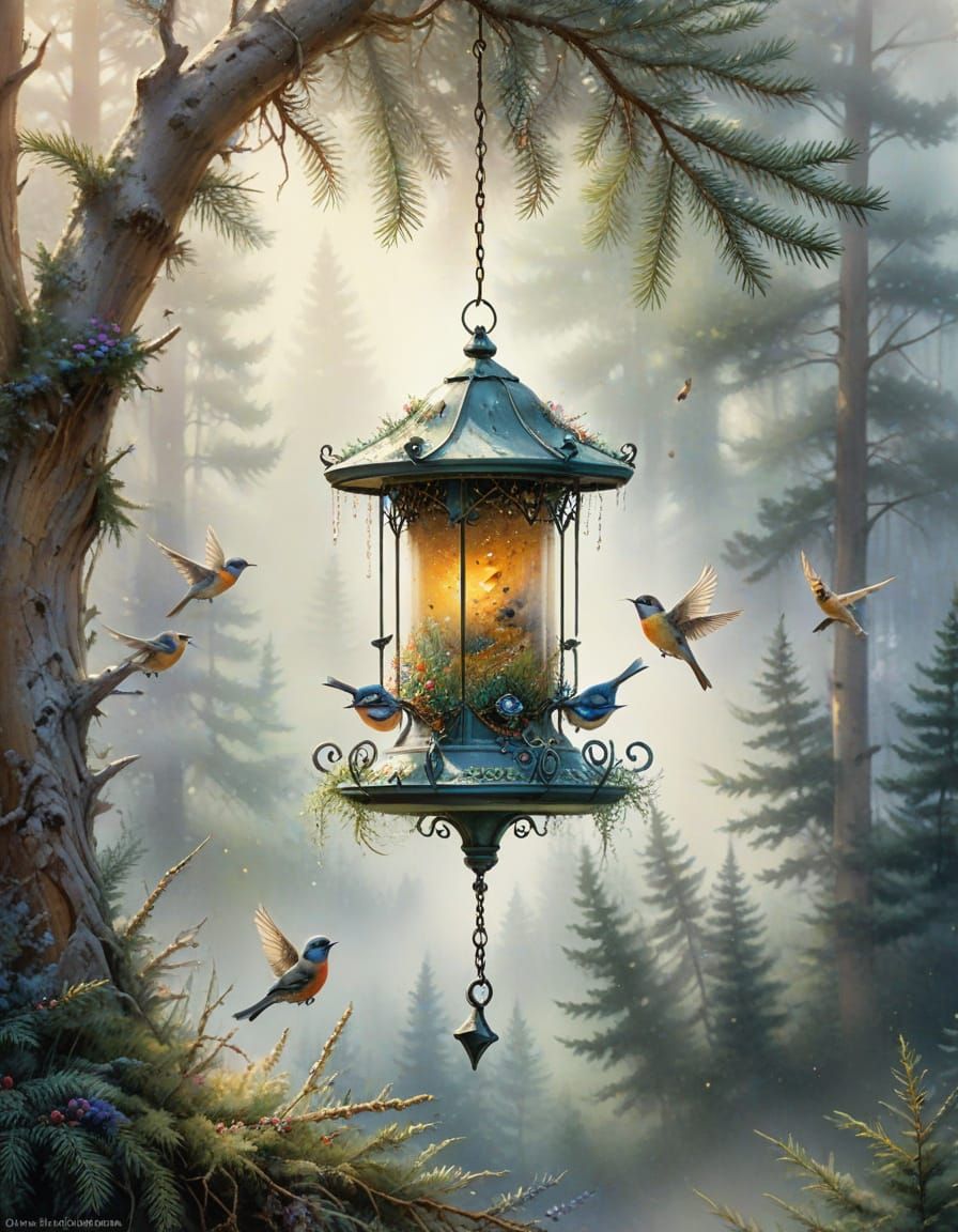 Watercolor Birds at Summer Feeder in Misty Forest